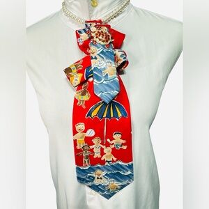 Colorful Beach Scene Necktie with Turtle Brooch